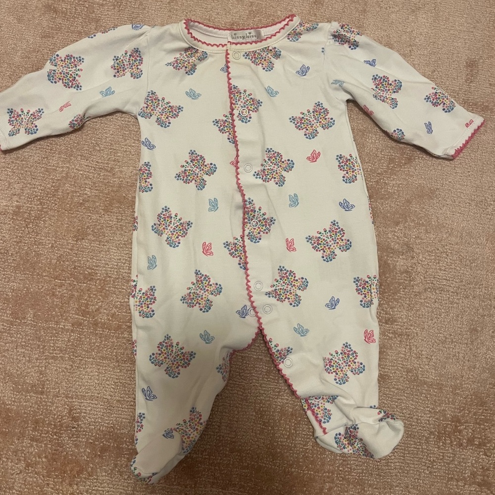 Kissy Kissy White Footed Snap-Front Pajamas with Multicolor Floral & Pink Trim
